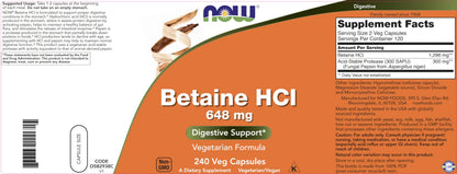 NOW Foods Betaine HCl 648 mg 240 Veg Capsules (Pack of 2) – Digestive Enzymes with Pepsin Protease