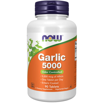 NOW Foods Garlic 5,000 mcg Enteric Coated | Odor-Controlled 90 Tablets