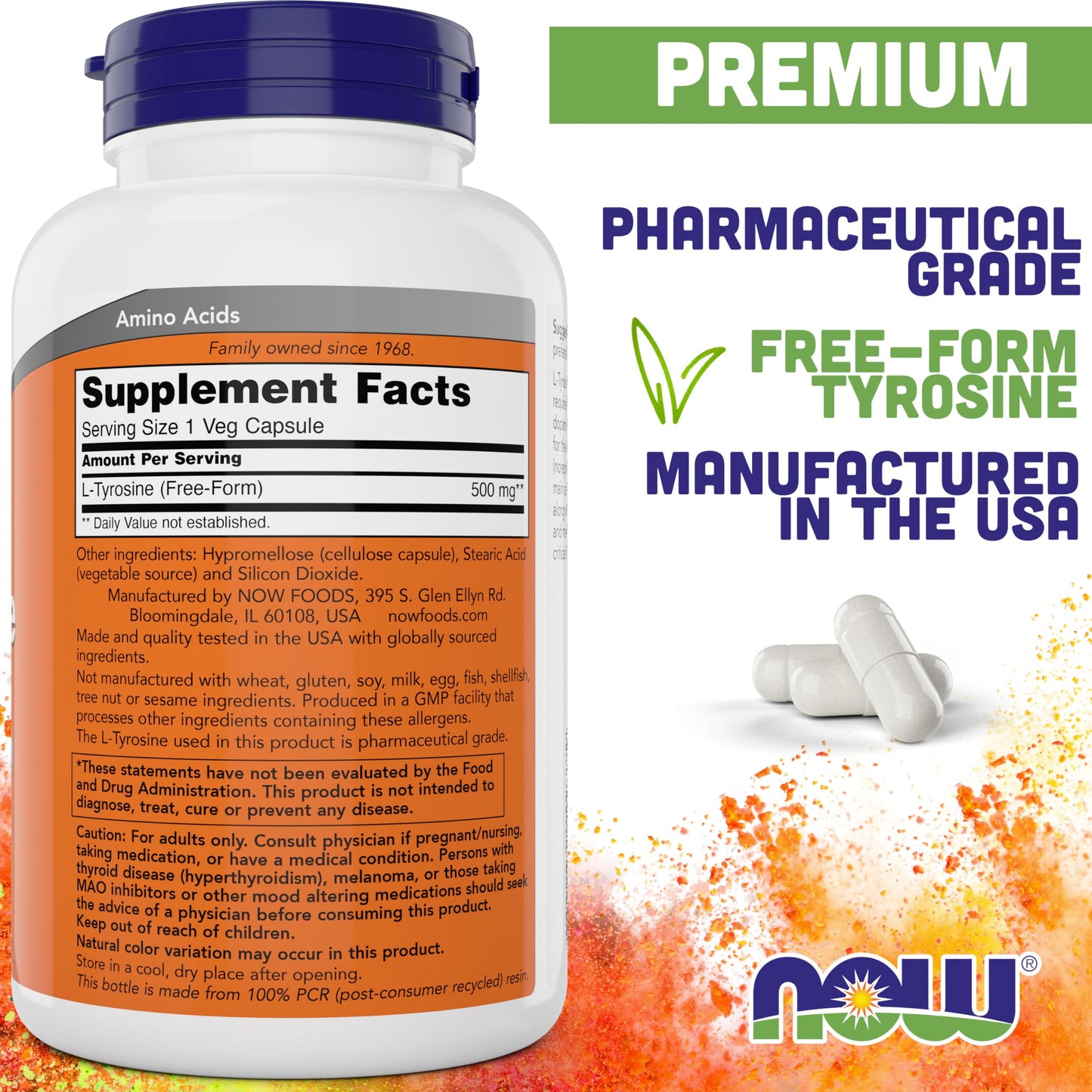 NOW Foods L-Tyrosine 500mg – 300 Capsules (Pack of 2) | Non-GMO