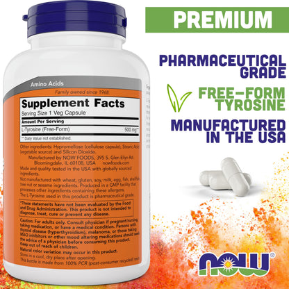 NOW Foods L-Tyrosine 500mg – 300 Capsules (Pack of 2) | Non-GMO