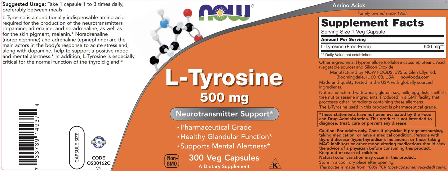 NOW Foods L-Tyrosine 500mg – 300 Capsules (Pack of 2) | Non-GMO