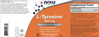 NOW Foods L-Tyrosine 500mg – 300 Capsules (Pack of 2) | Non-GMO