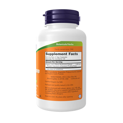 NOW Foods Lion's Mane 500 mg – Organic Super Mushroom, 60 Veg Capsules