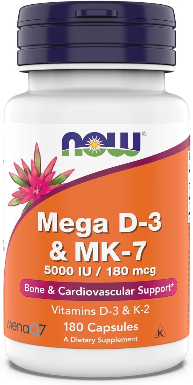NOW Foods Mega D-3 & MK-7 - 5000 IU / 180 mcg - Bone & Cardiovascular Support – 180 Capsules