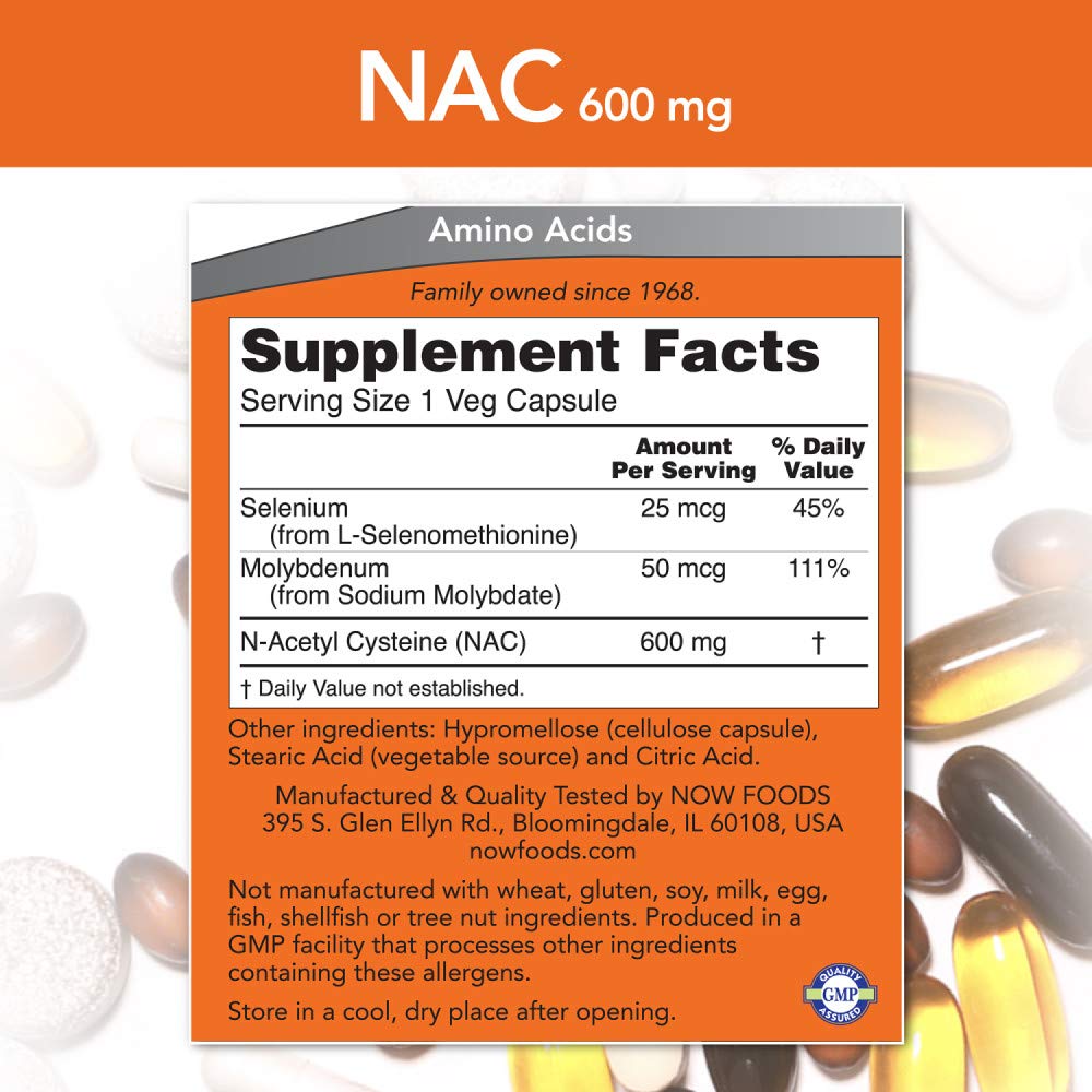 Now Foods NAC 600mg N-Acetyl Cysteine - 250 Vcaps (500/250x2)