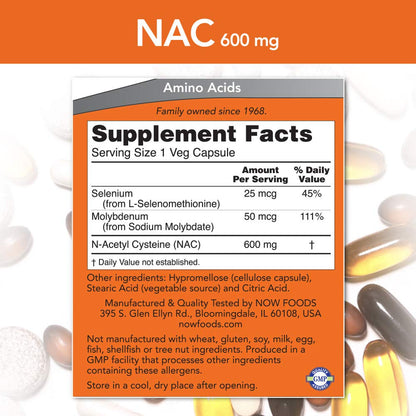 Now Foods NAC 600mg N-Acetyl Cysteine - 250 Vcaps (500/250x2)