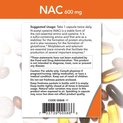 Now Foods NAC 600mg N-Acetyl Cysteine - 250 Vcaps (500/250x2)