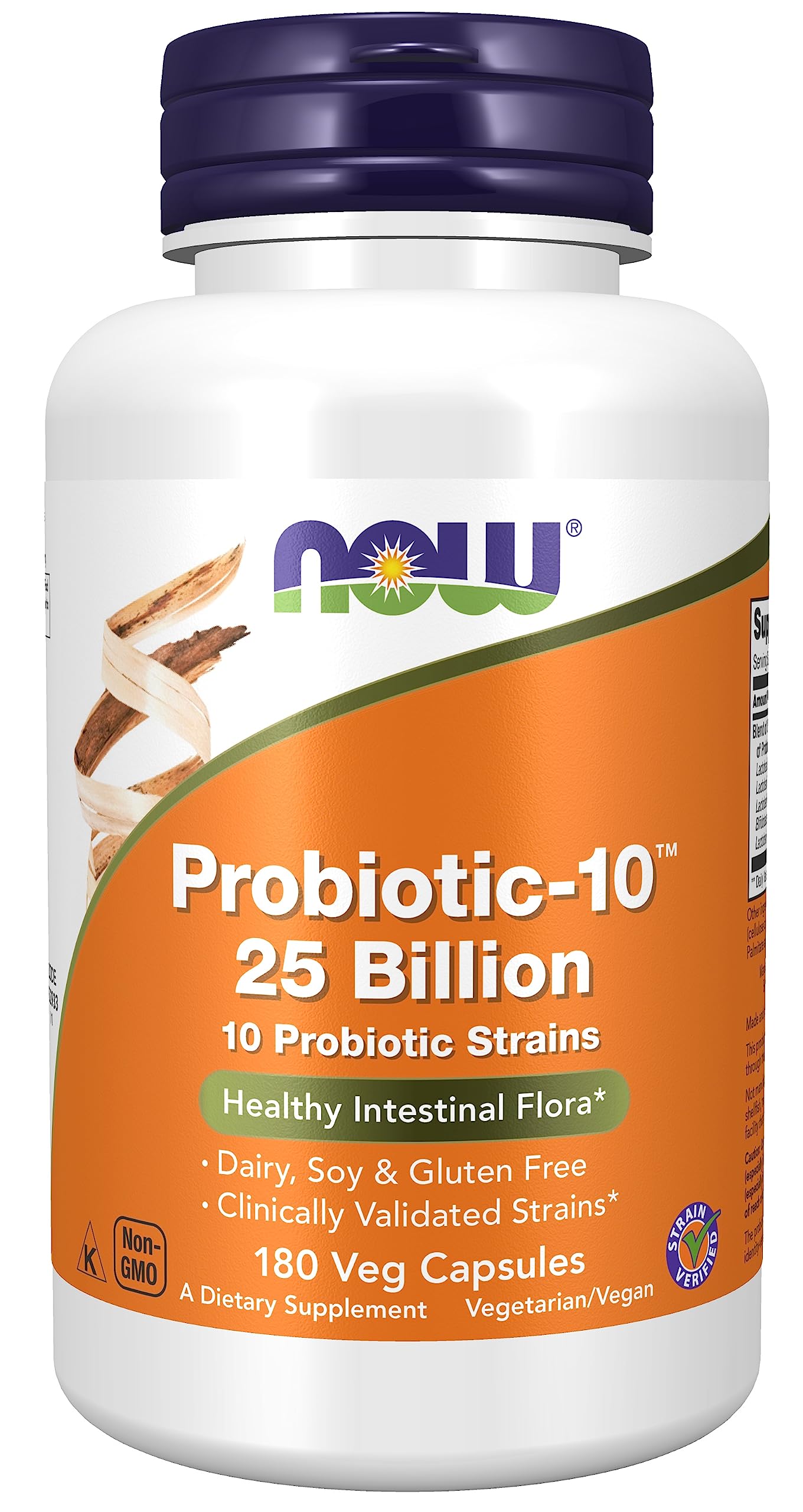 NOW Foods Probiotic-10™ 25 Billion | 10 Strains, Dairy/Soy/Gluten Free, 180 Veg Capsules