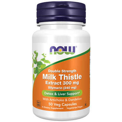 NOW Foods Silymarin Milk Thistle 300 mg with Artichoke & Dandelion – Double Strength, 50 Veg Capsules