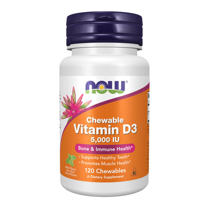 NOW Foods Vitamin D-3 5000 IU Chewables – Natural Mint Flavor, Immune & Bone Support (120 Chewables)