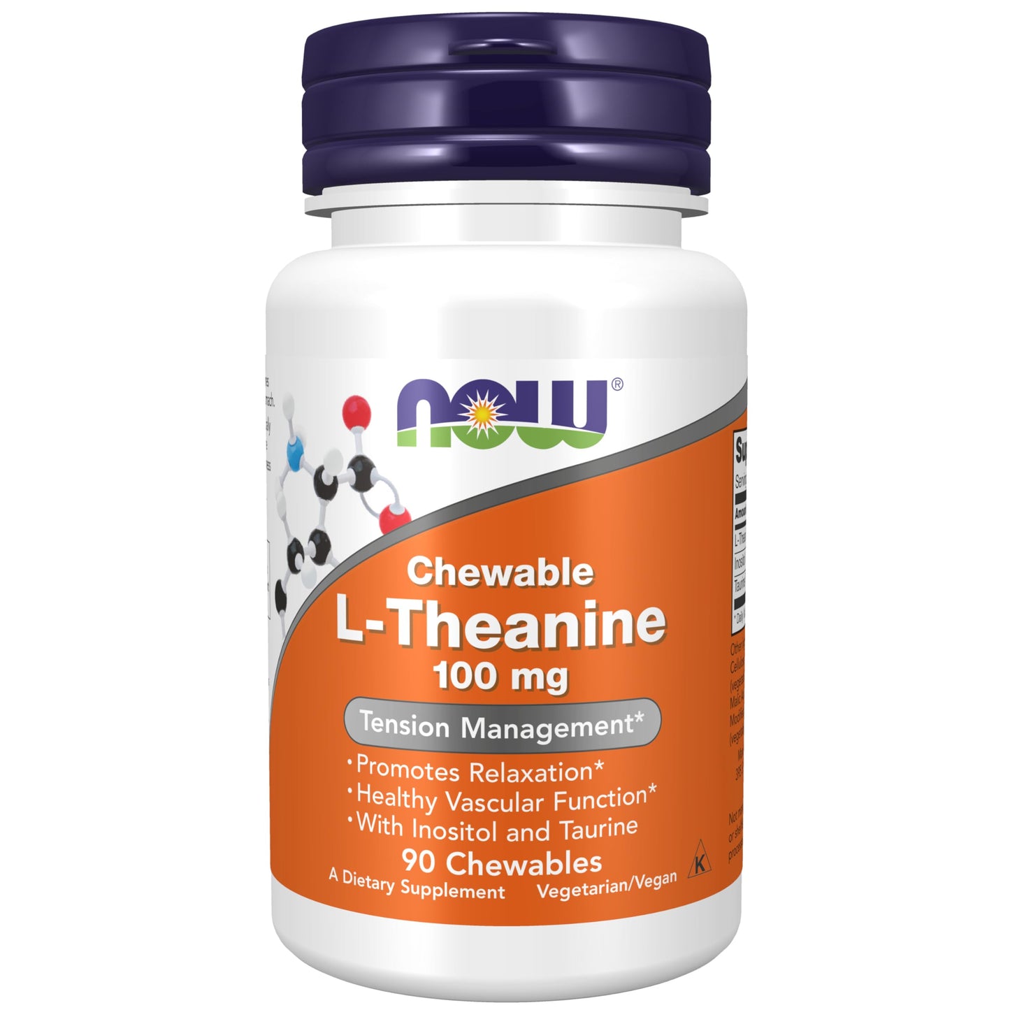NOW L-Theanine 100 mg with Inositol & Taurine – Tension Support, 90 Chewables