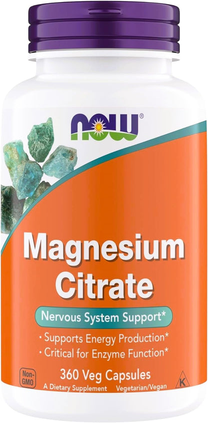 NOW Magnesium Citrate – Enzyme Function & Nervous System Support, 360 Vegetarian Capsules