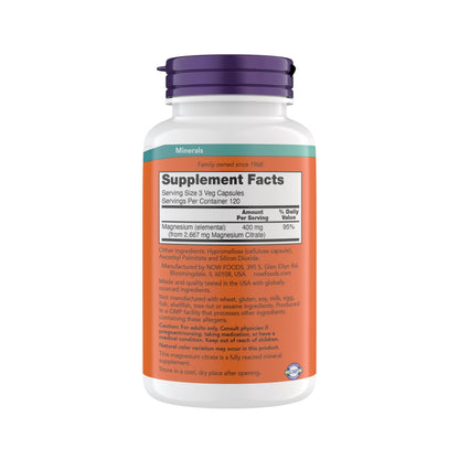 NOW Magnesium Citrate – Enzyme Function & Nervous System Support, 360 Vegetarian Capsules