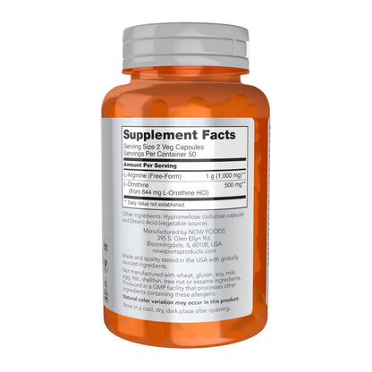 NOW Sports Arginine & Ornithine 500/250 mg – 100 Veg Capsules | Amino Acids