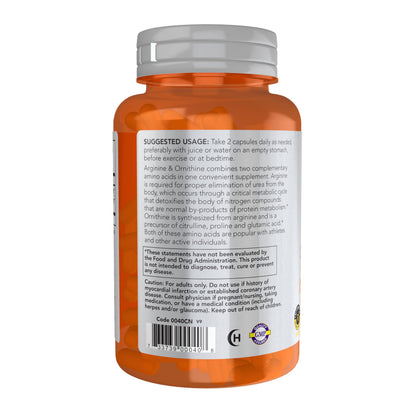 NOW Sports Arginine & Ornithine 500/250 mg – 100 Veg Capsules | Amino Acids