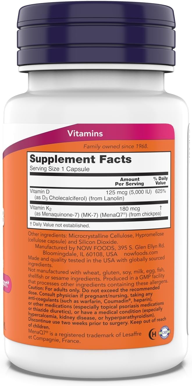 NOW Foods Mega D-3 & MK-7 - 5000 IU / 180 mcg - Bone & Cardiovascular Support – 180 Capsules