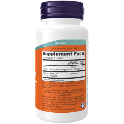 Now Zinc Glycinate with 250 mg Pumpkin Seed Oil – Prostate Health Support, 120 Softgels