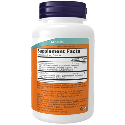 NOW Foods Tri-Chromium 500 mcg with Cinnamon – Insulin Co-Factor, 180 Veg Capsules