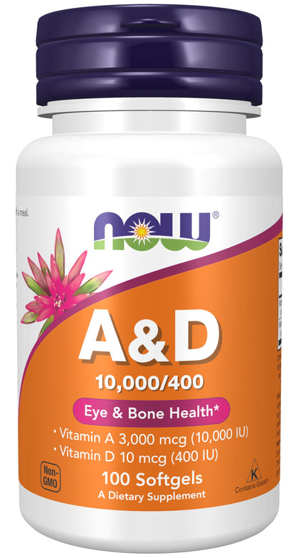 NOW Vitamin A & D 10,000/400 IU - Eye Health, Essential Nutrition, 100 Softgels