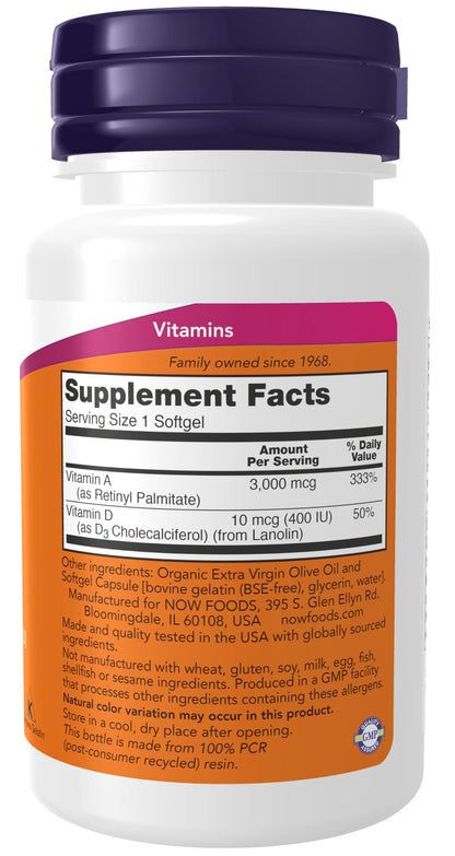 NOW Vitamin A & D 10,000/400 IU - Eye Health, Essential Nutrition, 100 Softgels