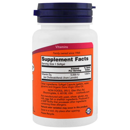 NOW Foods Vitamin D-3 5,000 IU Softgels - High Potency, 4-Pack | Supports Bones & Immune Health