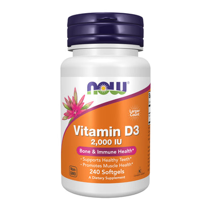 NOW Foods Vitamin D-3 2000 IU Softgels - High Potency, Immune & Bone Support | 240 Softgels
