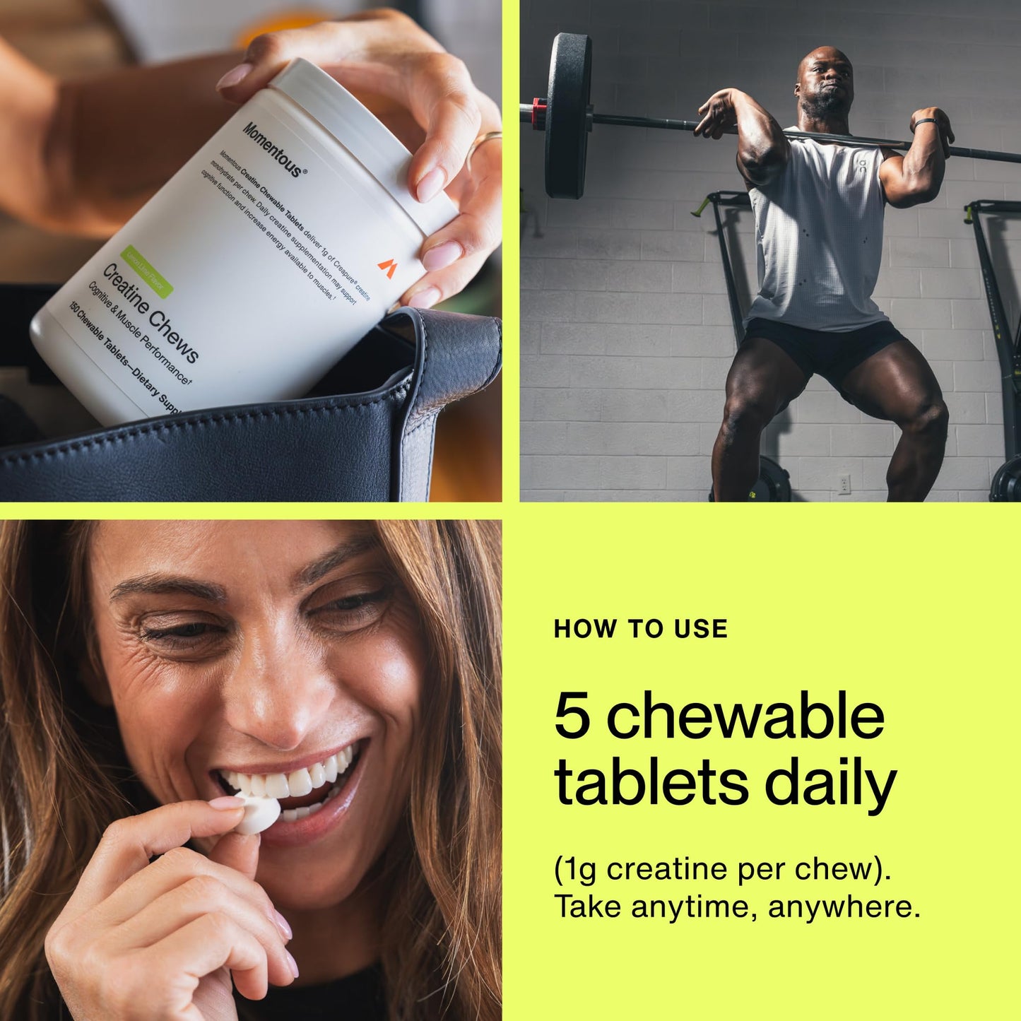Momentous Creatine Chews – Creapure Creatine Monohydrate, 150 Chewable Tablets, Lemon Lime