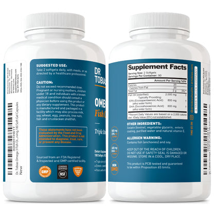 Dr. Tobias Omega 3 Fish Oil 2000mg Triple Strength – EPA 800mg DHA 600mg | 180 Softgels