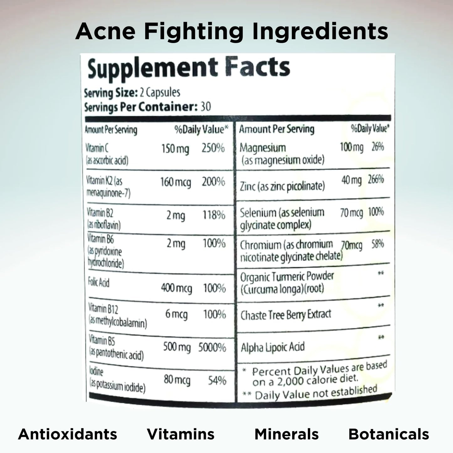 Clear Skin Acne Vitamins Capsules | Complexion Supplements 60 Count