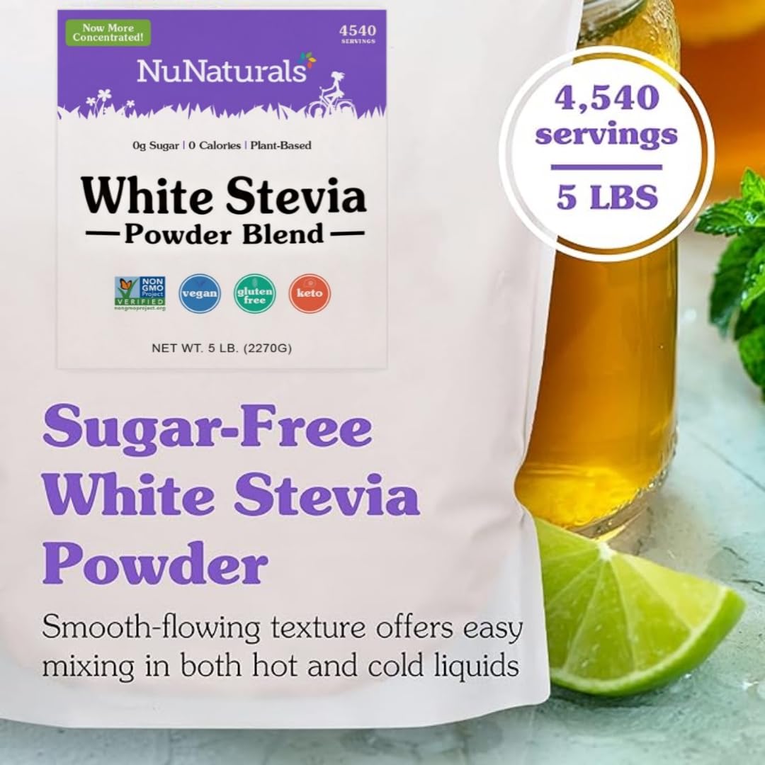 NuNaturals White Stevia Powder Blend – Zero-Calorie Plant-Based Sweetener, 5 lbs