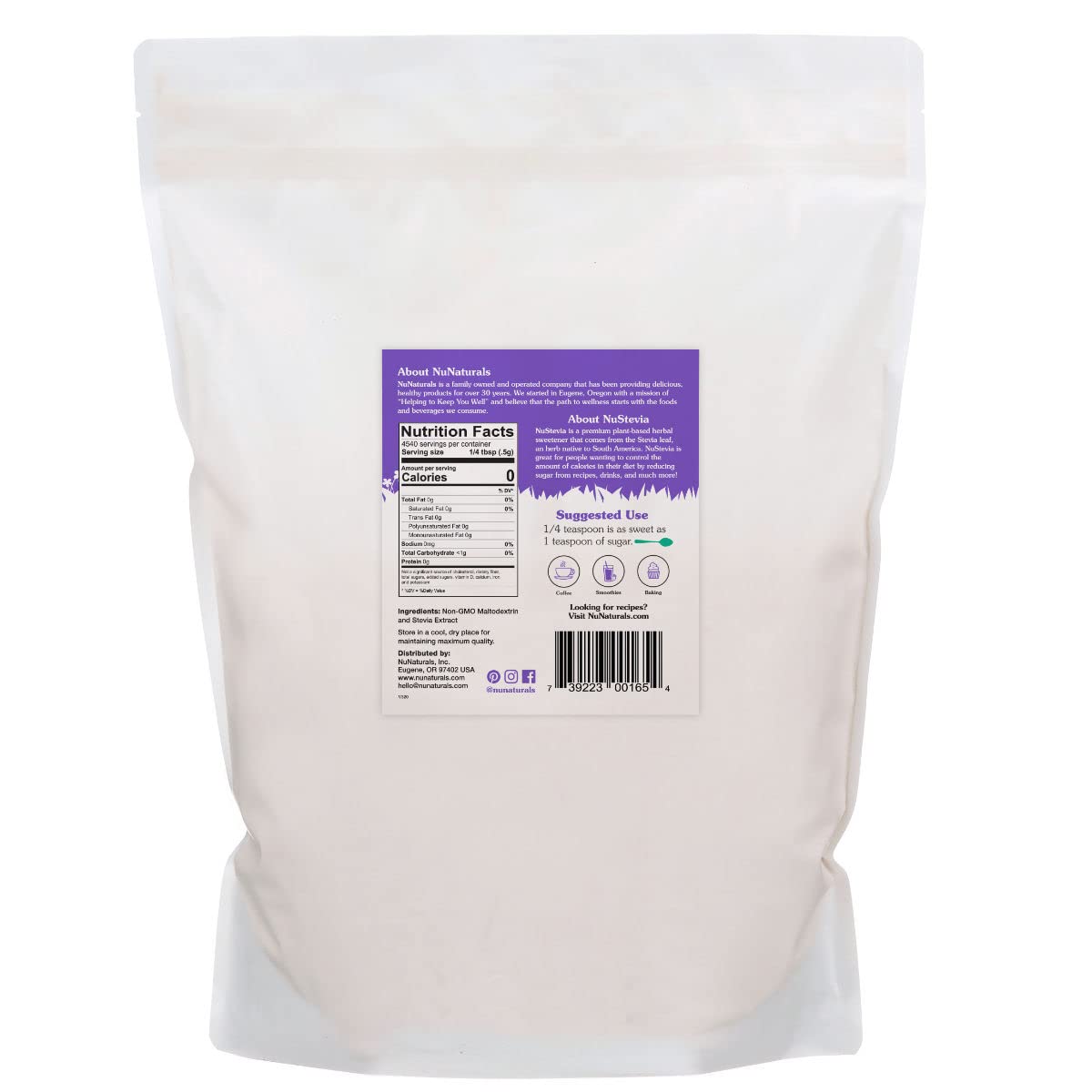NuNaturals White Stevia Powder Blend – Zero-Calorie Plant-Based Sweetener, 5 lbs