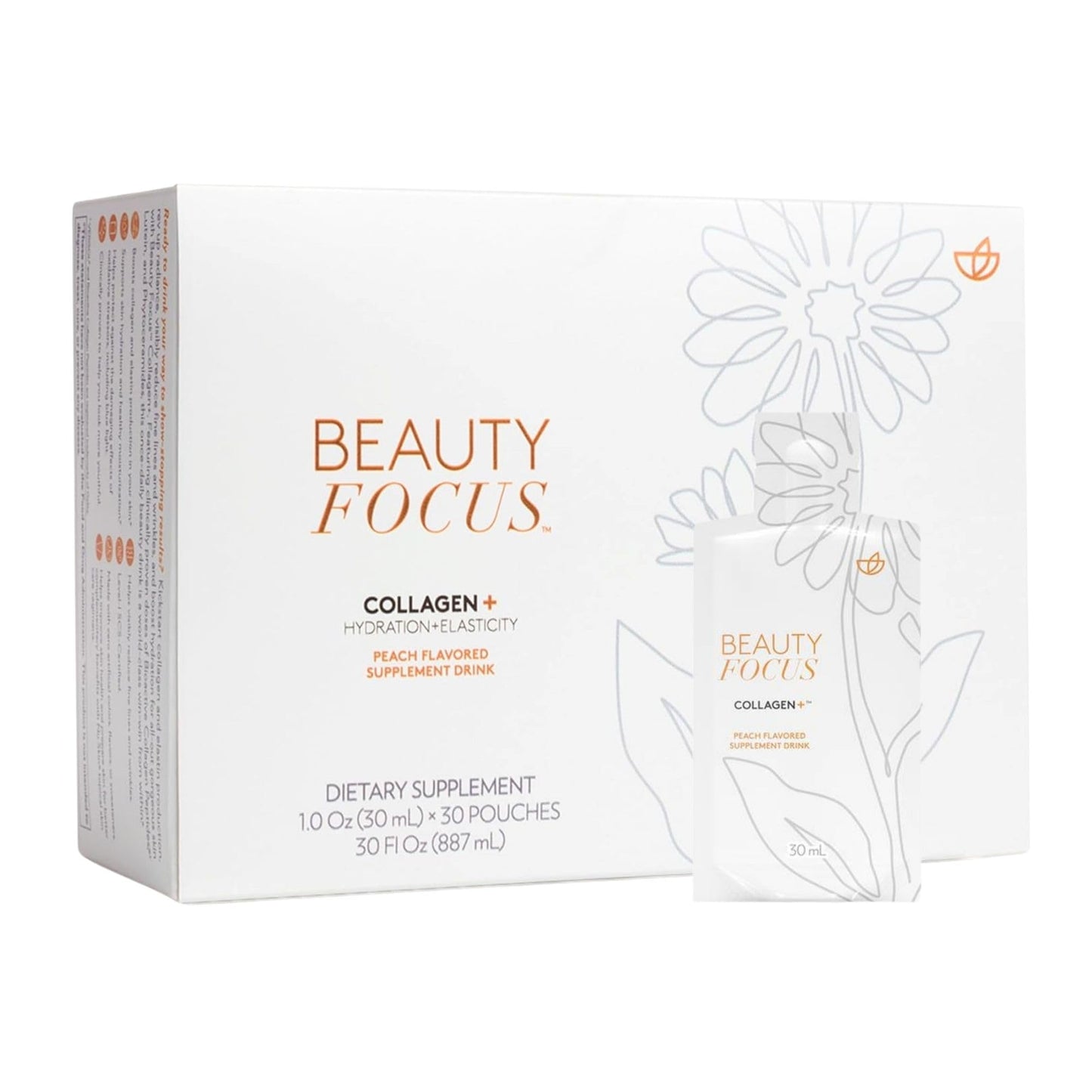 Beauty Focus Collagen Plus – Peach Flavor | 1.0 oz, 30 Packets | Skin Hydration & Hair Support