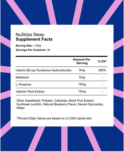 NuStrips Sleep Strips – 5mg Melatonin, Valerian, L-Theanine & B6 (Blueberry) | Vegan, Non-GMO