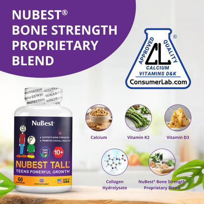 NuBest Tall 10+ Premium Bone Strength Formula for Ages 10+ — Calcium, D3 & K2 | 60 Capsules