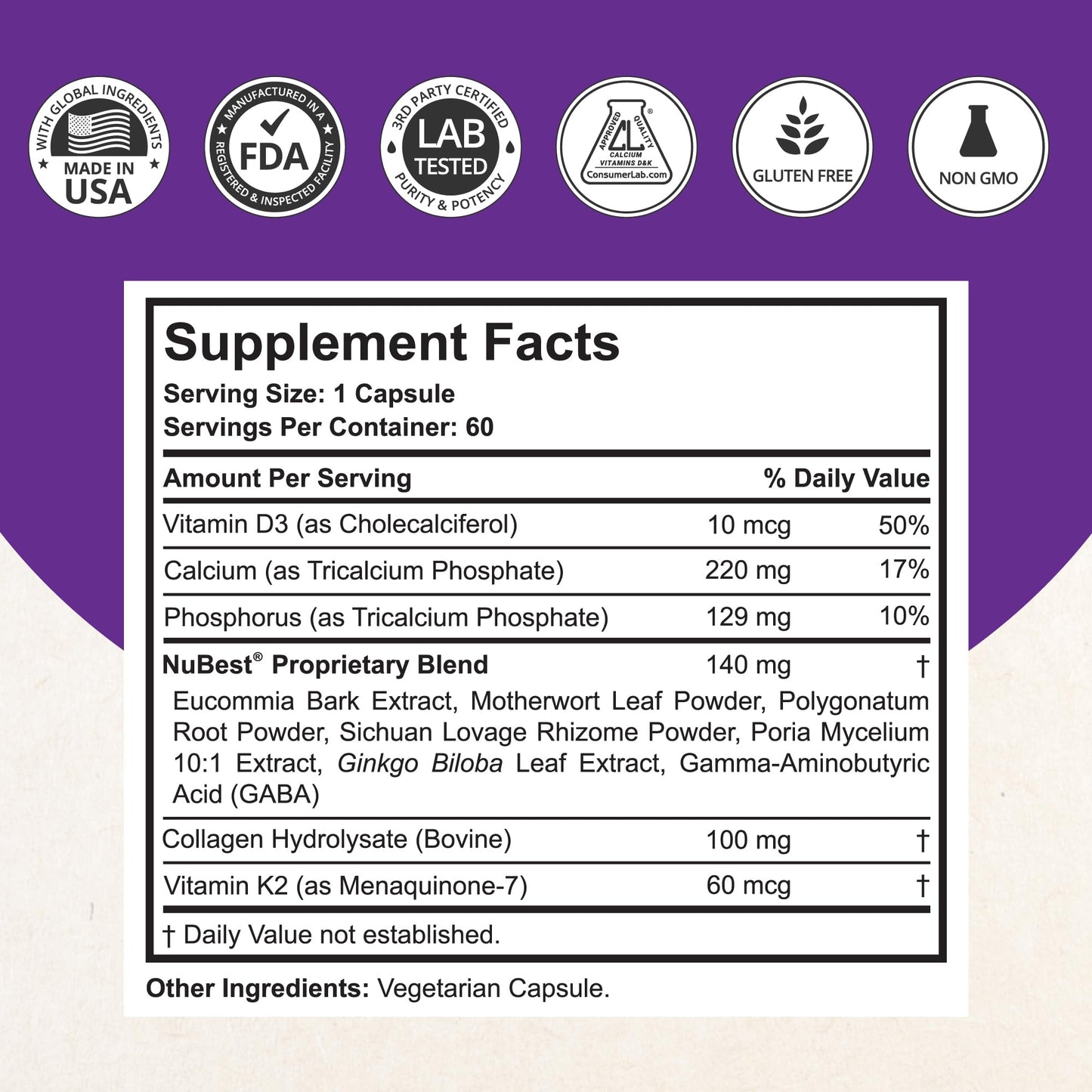 NuBest Tall 10+ Premium Bone Strength Formula for Ages 10+ — Calcium, D3 & K2 | 60 Capsules