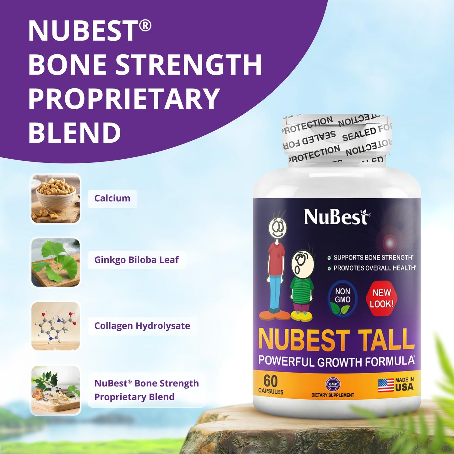 NuBest Tall: Bone Strength, Immunity & Growth for Ages 5+ | Calcium, Collagen & Herbs | 60 Capsules