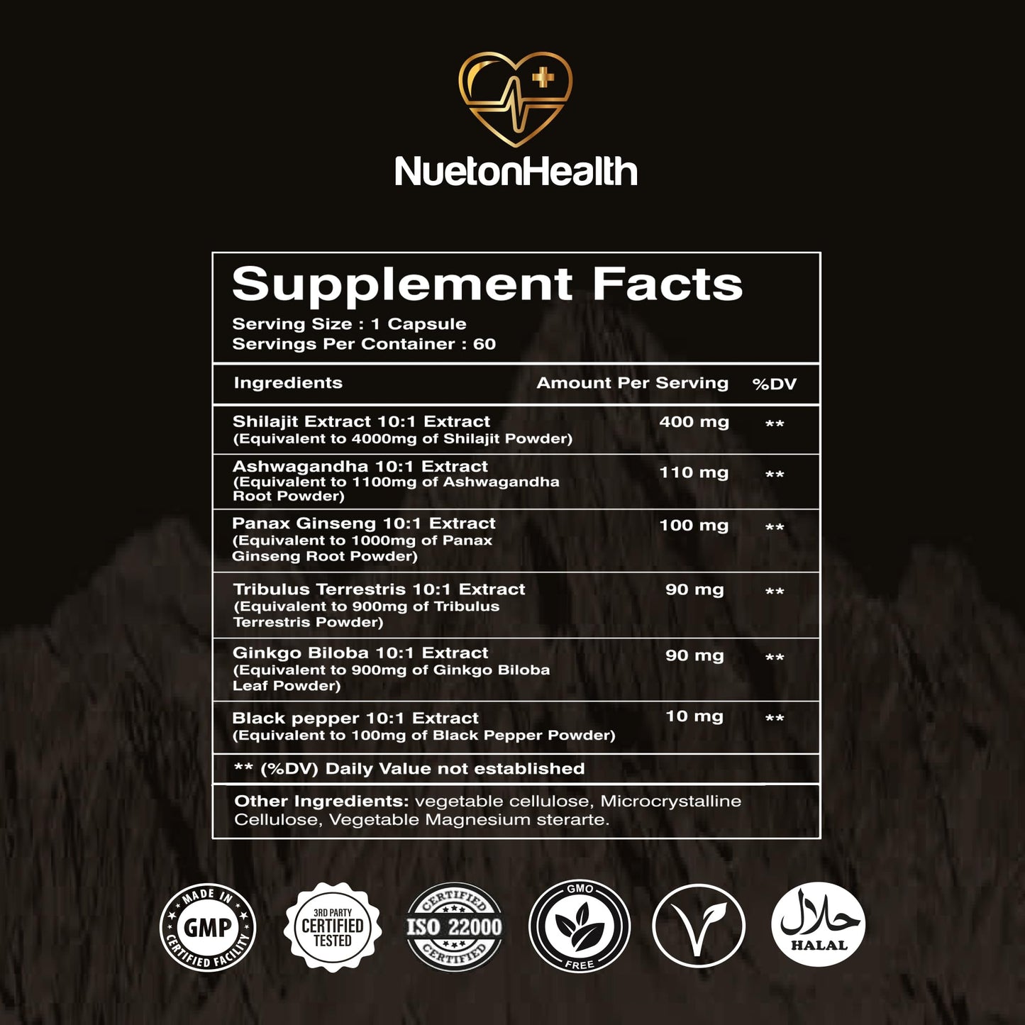 NuetonHealth Shilajit Fusion Capsules – Vegan, Gluten-Free Vitality Blend