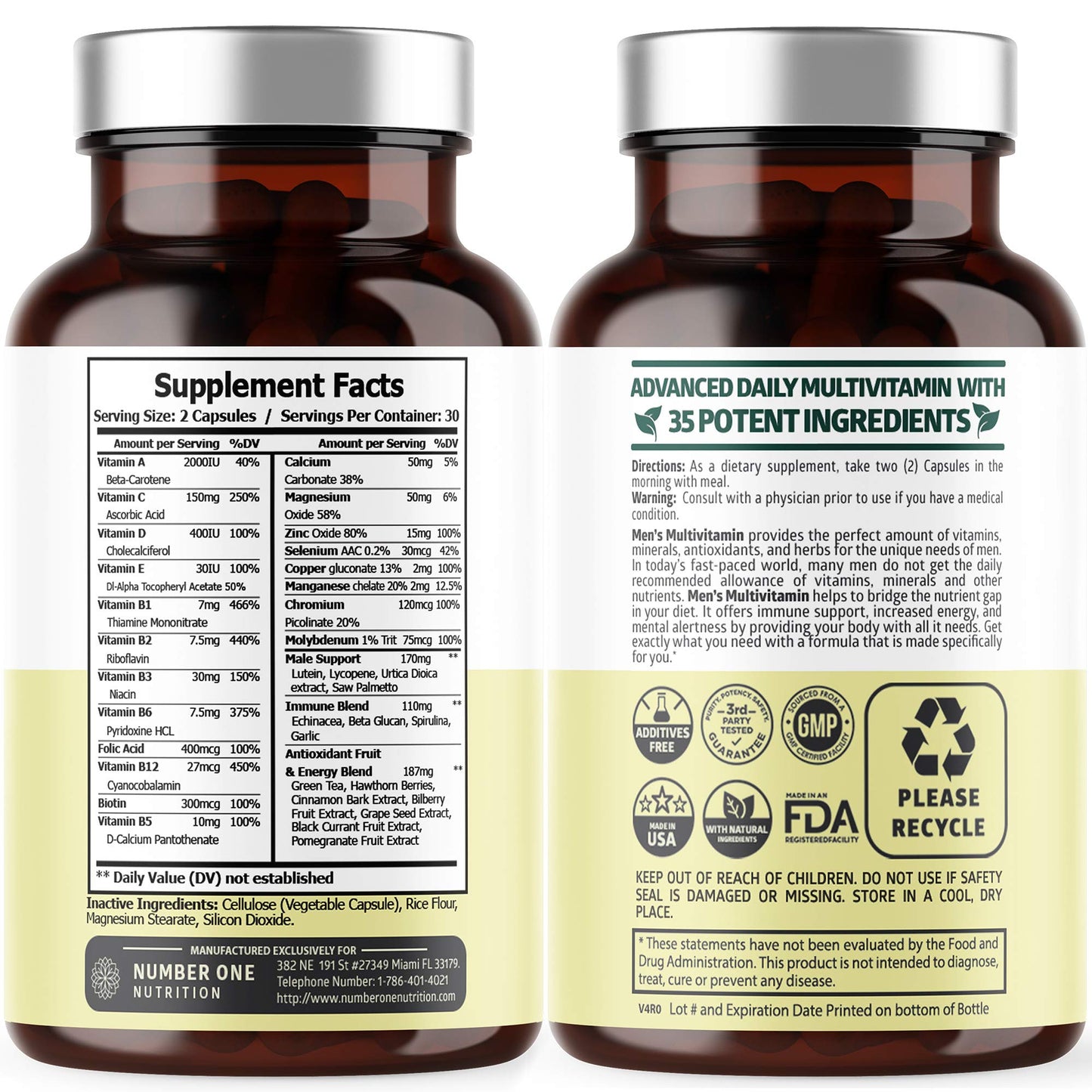 Number One Nutrition Premium Men's Daily Multivitamin - Gluten Free, Non-GMO, 60 Veg Caps
