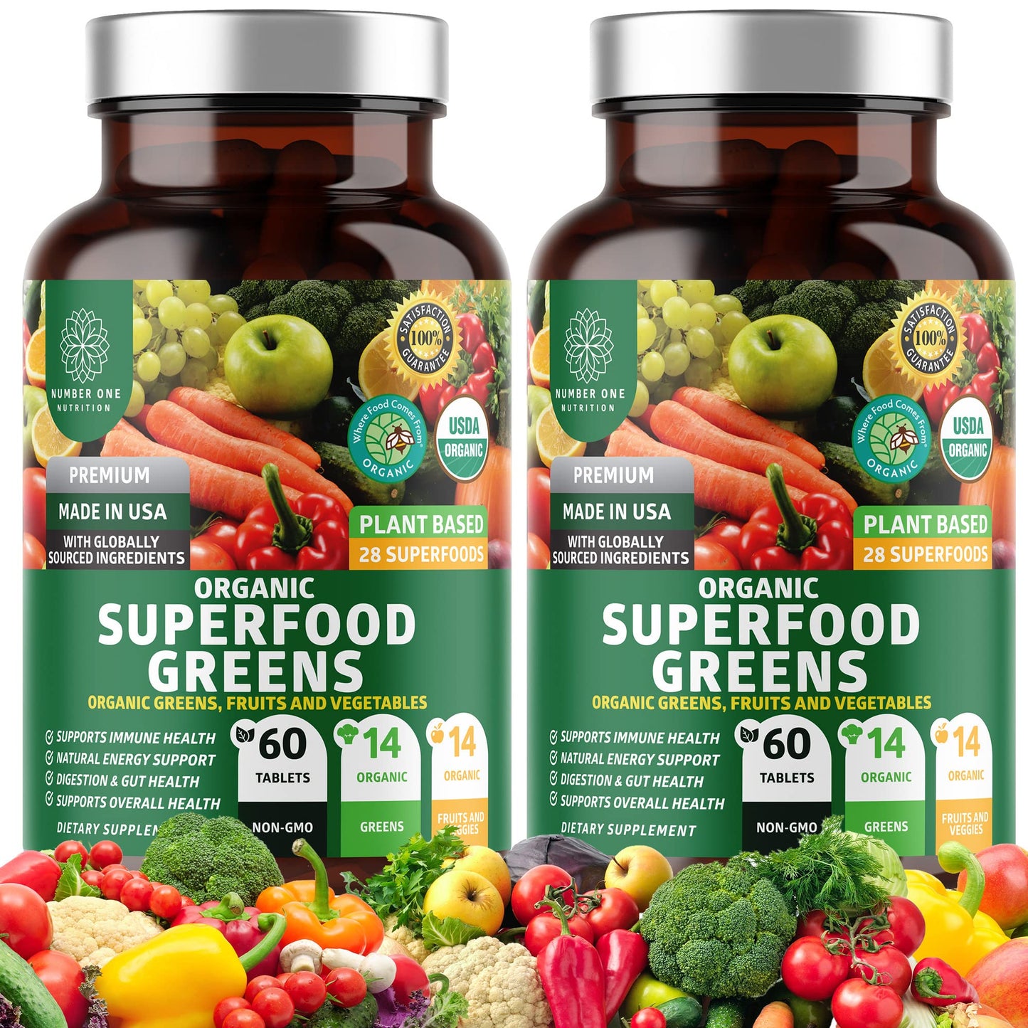 2-Pack N1N Premium Organic Green Superfood – 28 Ingredients, 120 Ct