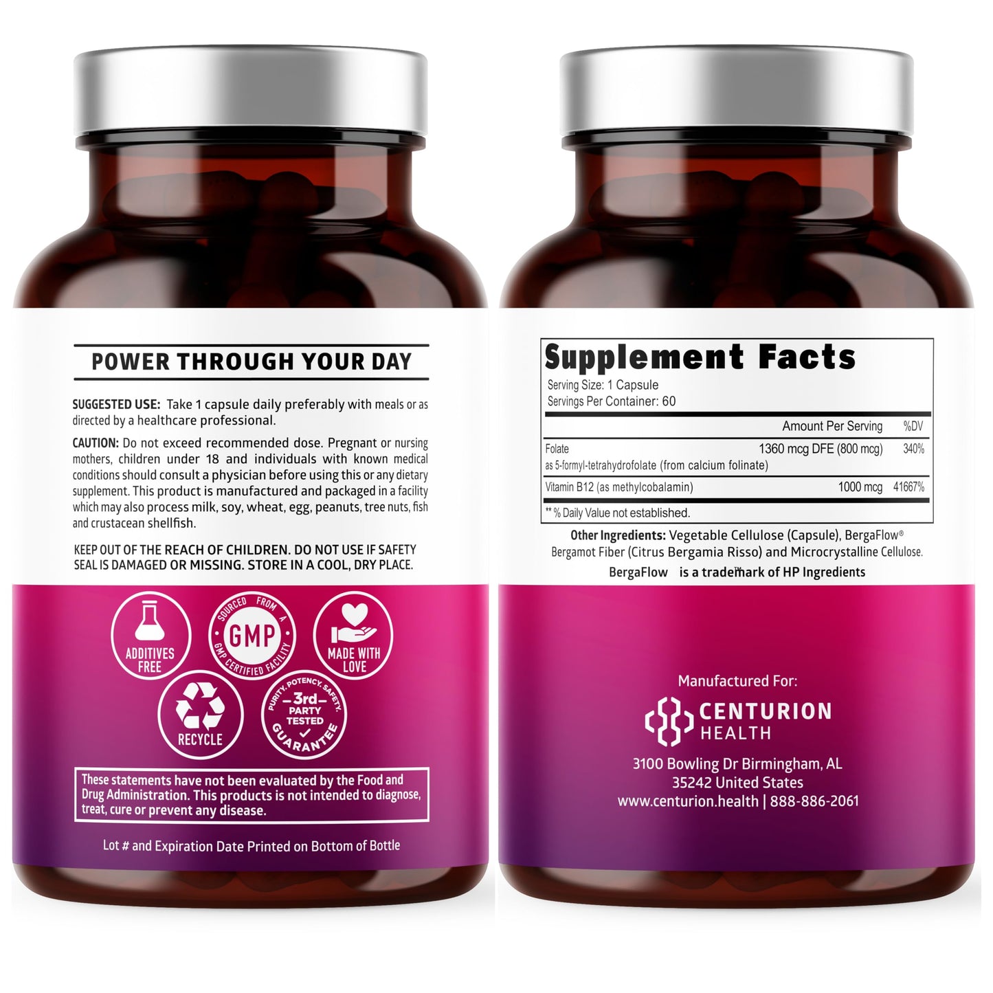 Number One Nutrition Premium Methylated B12 + Folate Supplement for Energy, Cognition, and Nerve Support | 60 Vegan Capsules, Non-GMO & Gluten-Free