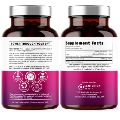 Number One Nutrition Premium Methylated B12 + Folate Supplement for Energy, Cognition, and Nerve Support | 60 Vegan Capsules, Non-GMO & Gluten-Free
