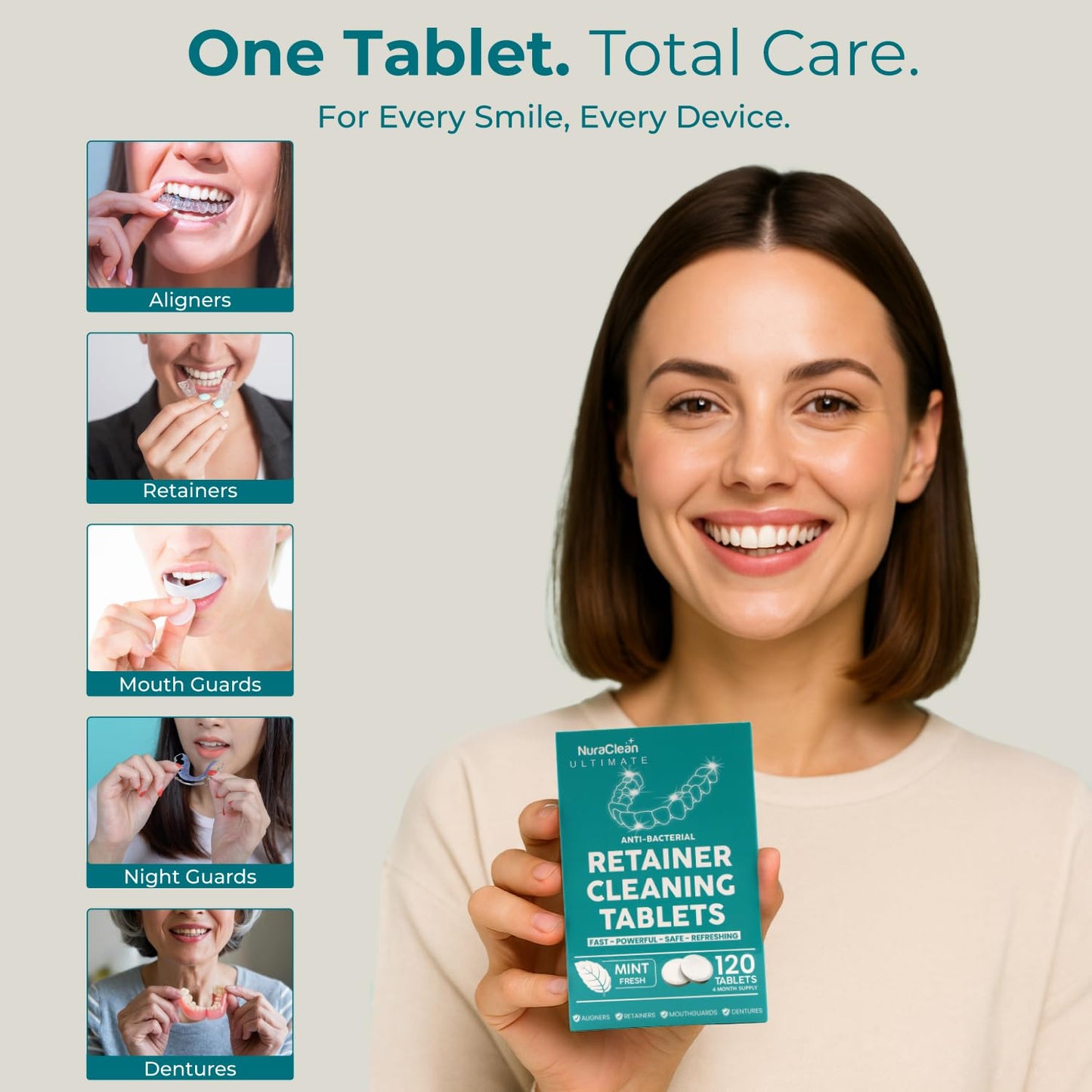 NuraClean Ultimate Retainer Cleaner Tablets – 120 Count | Braces, Mouthguards & Dentures