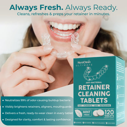 NuraClean Ultimate Retainer Cleaner Tablets – 120 Count | Braces, Mouthguards & Dentures
