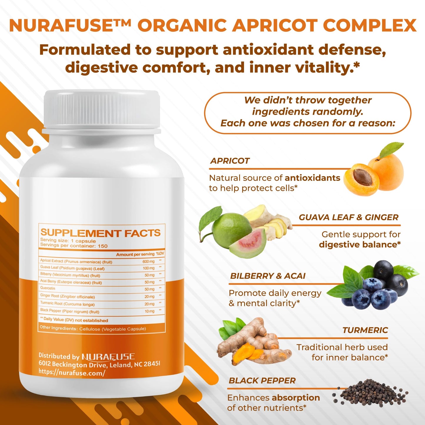 NURAFUSE 8-in-1 Apricot, Amla & Bilberry – Antioxidants for Anti-Aging & Digestive Health | 150 Capsules