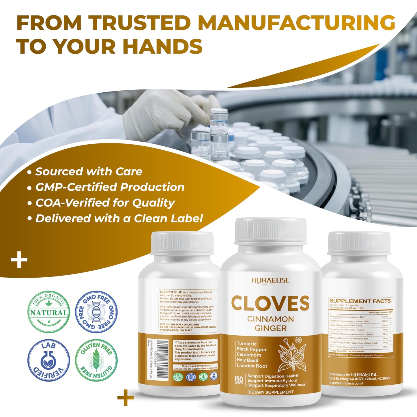 NURAFUSE Cloves Cinnamon Ginger - Digestive Health, Immunity, Respiratory Wellness - USA Made