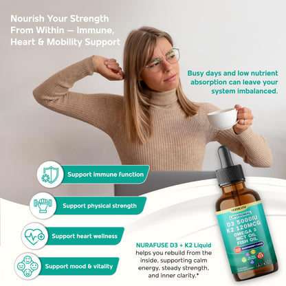NURAFUSE Liposomal D3-K2-Omega Drops | 5000IU D3, 120mcg K2, Raspberry Flavor | USA Made, 2 fl oz