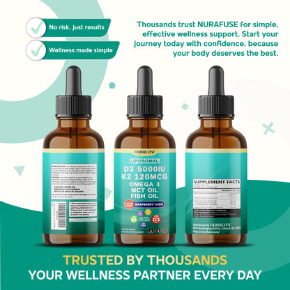 NURAFUSE Liposomal D3-K2-Omega Drops | 5000IU D3, 120mcg K2, Raspberry Flavor | USA Made, 2 fl oz