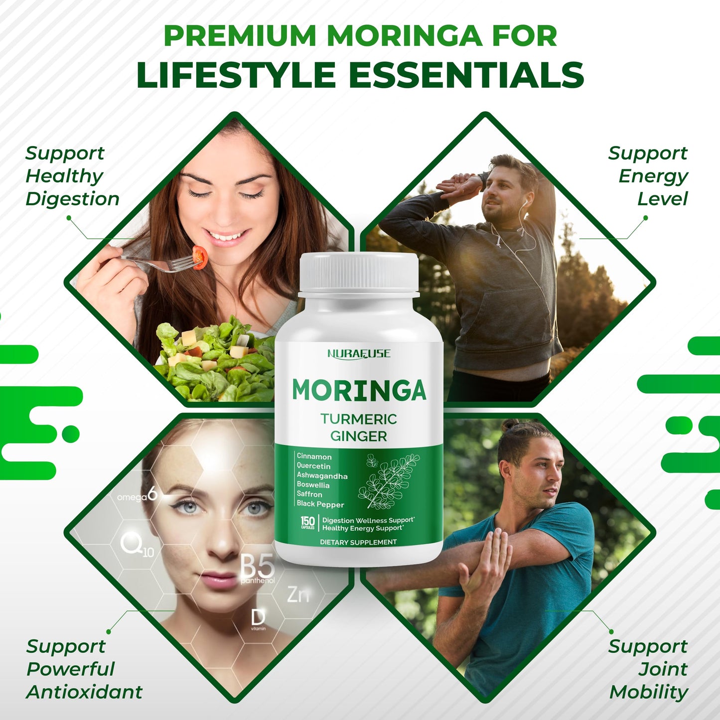 Moringa 12-in-1 Supplement with Turmeric, Quercetin & Cinnamon – Made in USA | Nurafuse