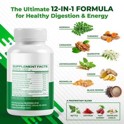 Moringa 12-in-1 Supplement with Turmeric, Quercetin & Cinnamon – Made in USA | Nurafuse