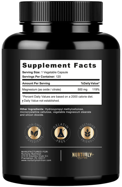 NURTURLY Magnesium Citrate & Oxide 500mg Complex – High Absorption, 360 Vegan Capsules